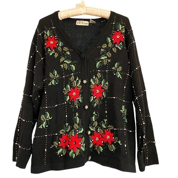 Vintage Beaded + Embroidered Christmas Holiday Poinsettia Cardigan Black + Red M - Picture 1 of 5